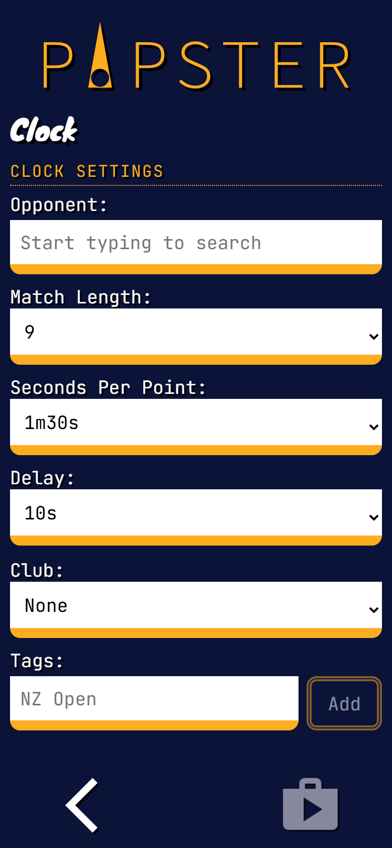 Pipster match setup screen