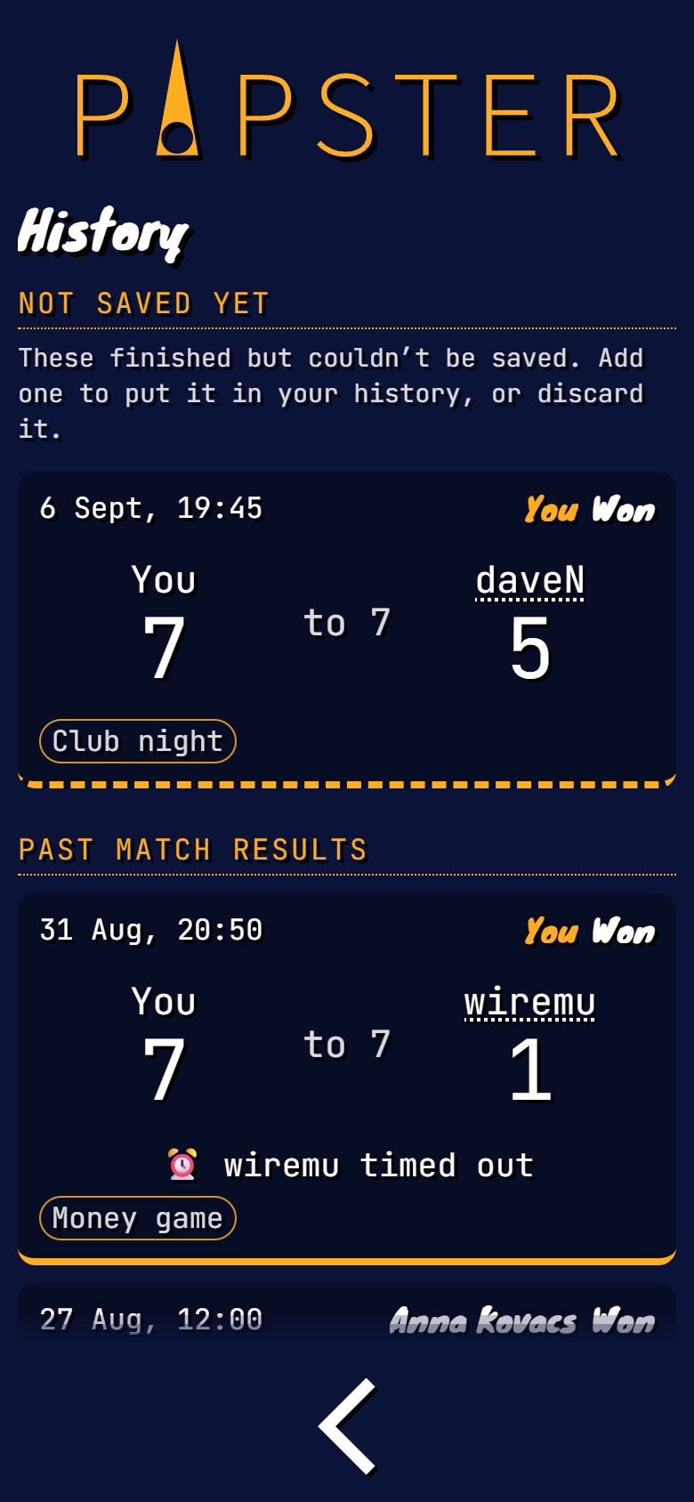 Pipster match history