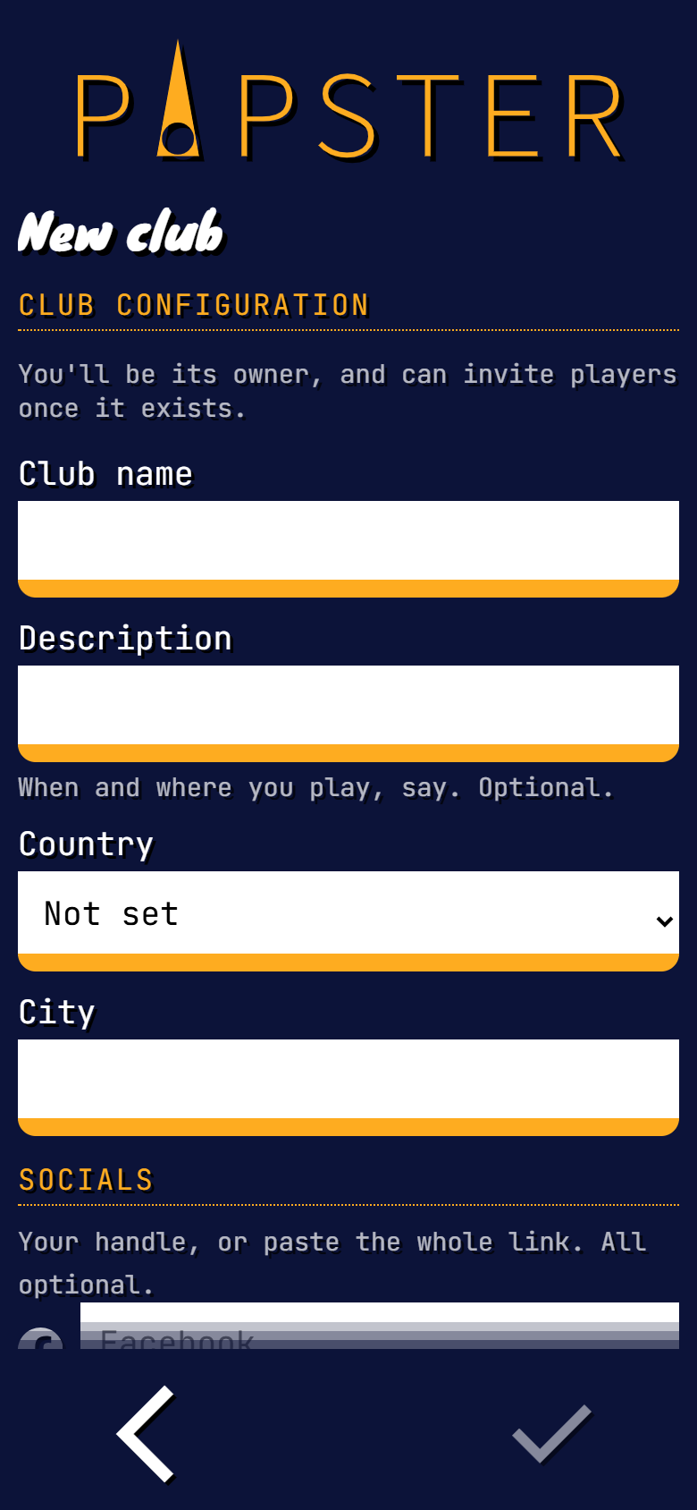 Pipster new club screen