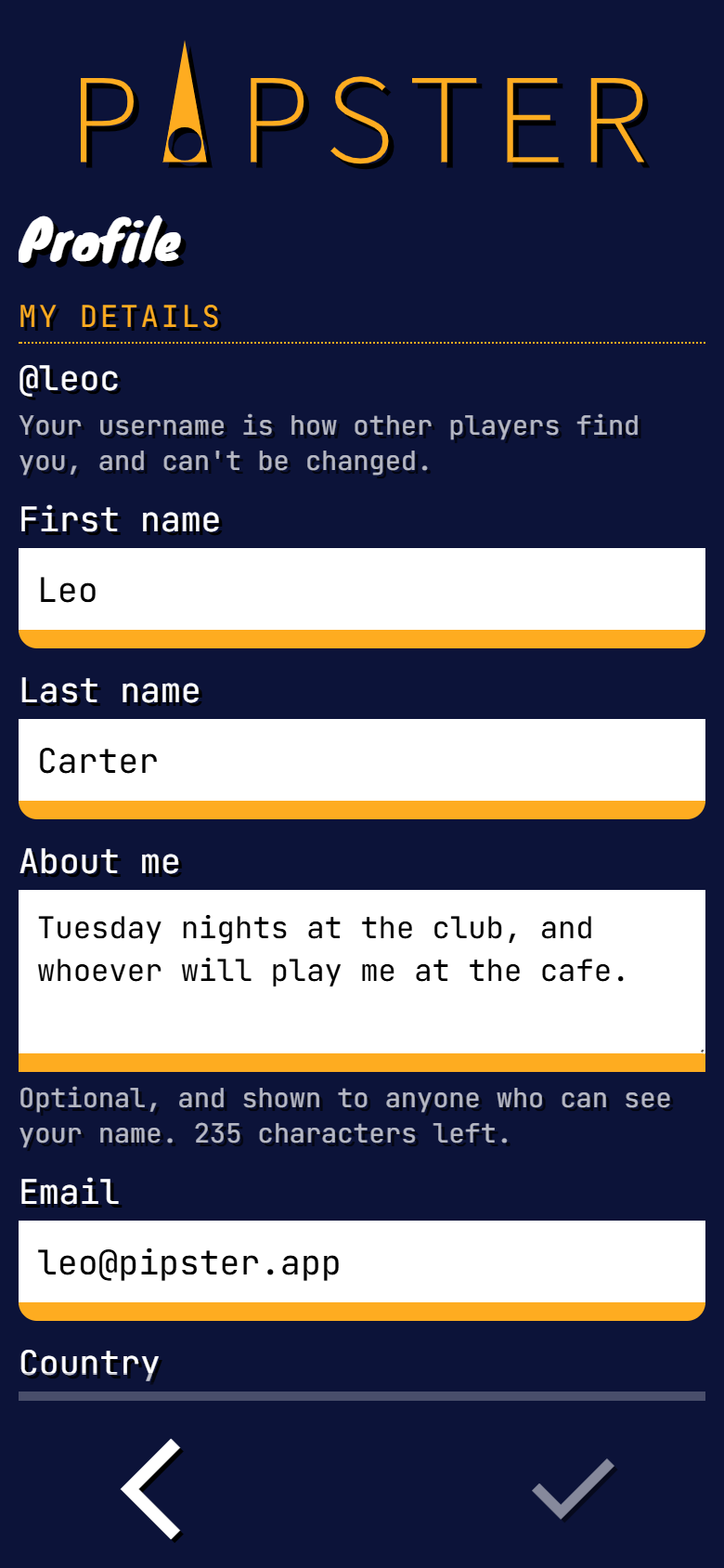 Pipster profile screen