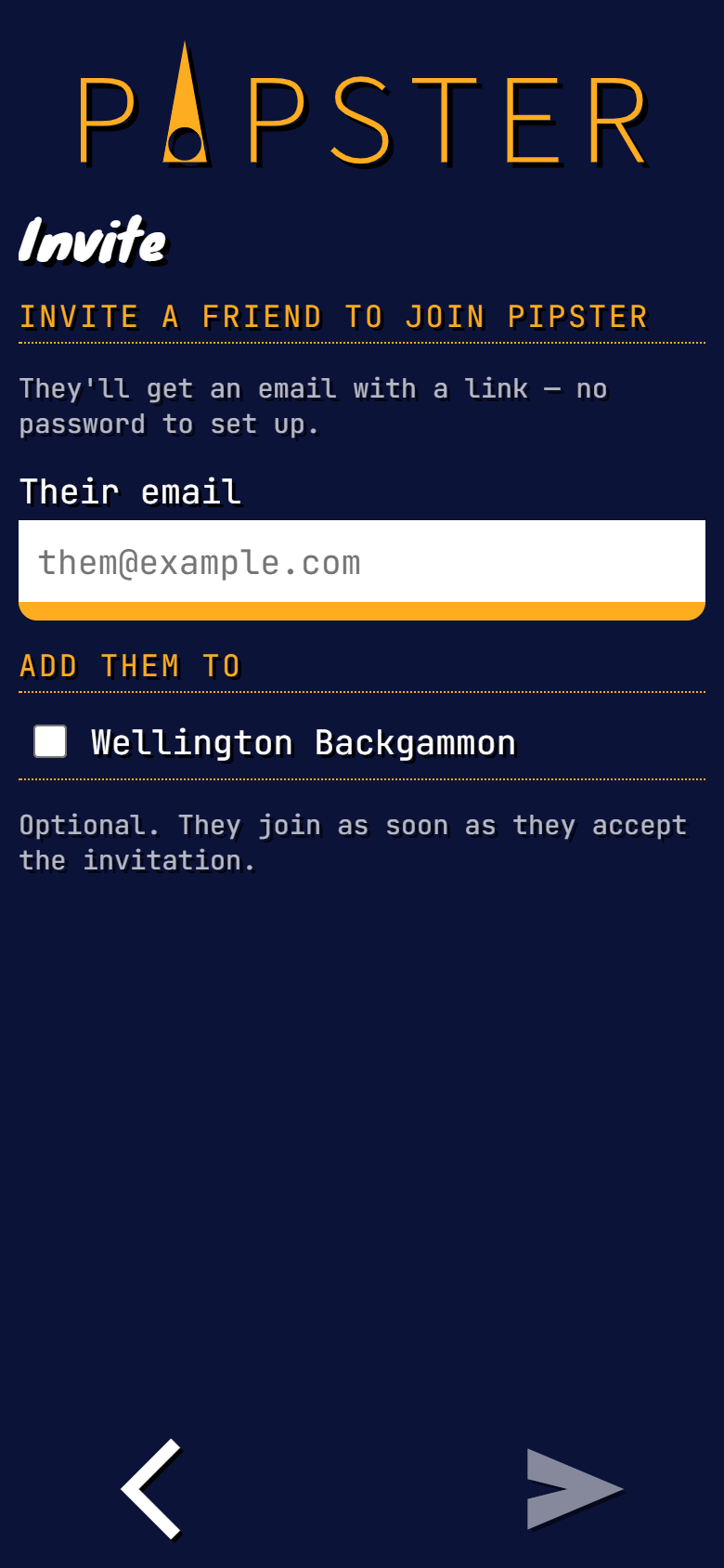 Pipster invite screen