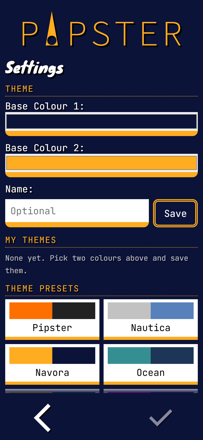 Pipster settings screen