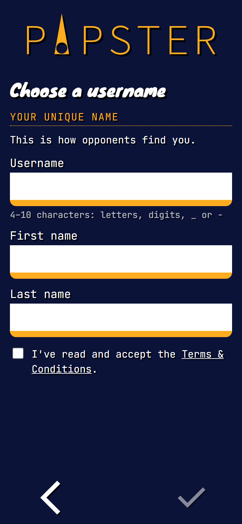 Pipster username setup screen